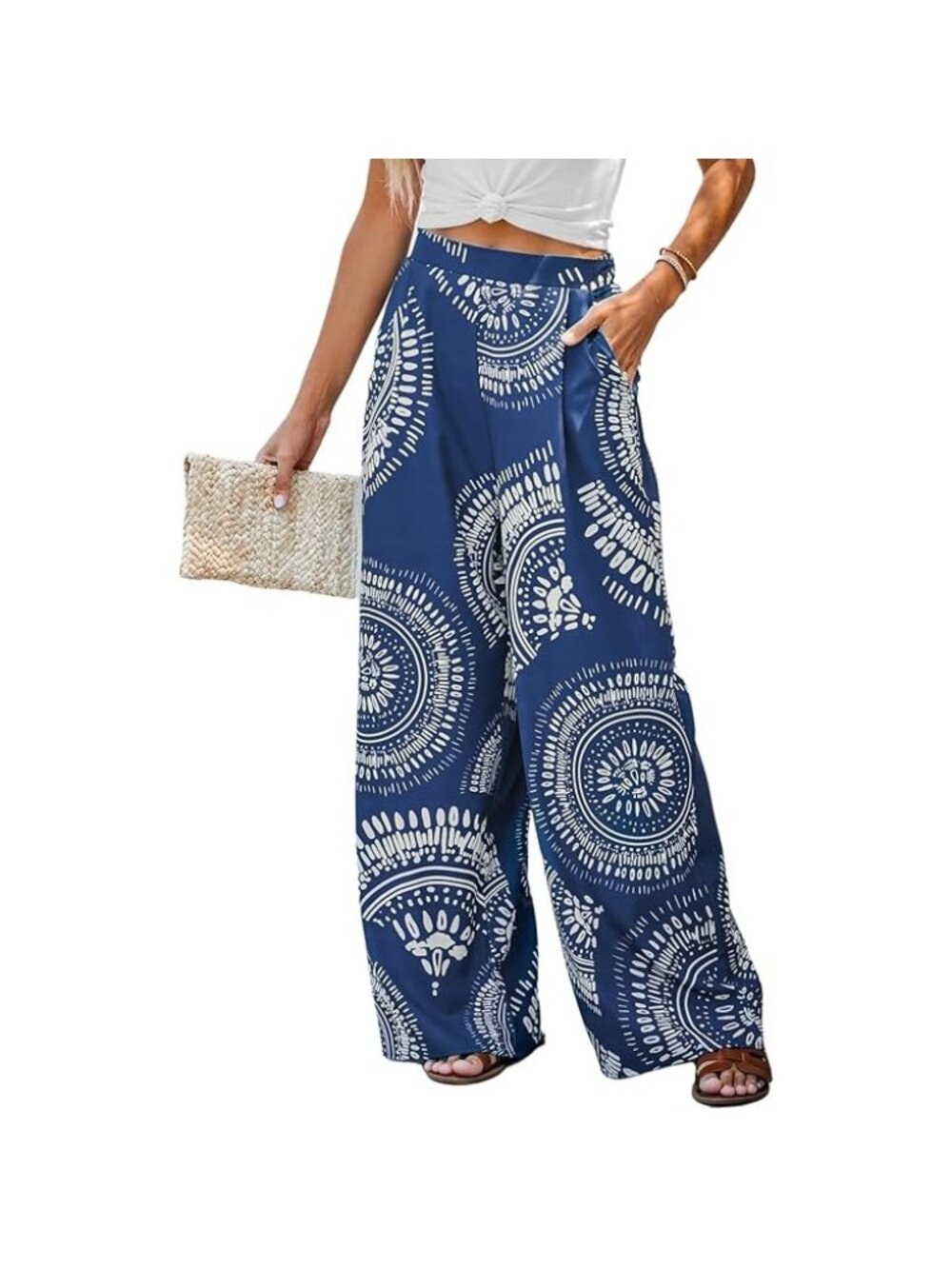 Blue & White Wide-Leg Pants With Boho Print Medium Cupshe 100% Polyester